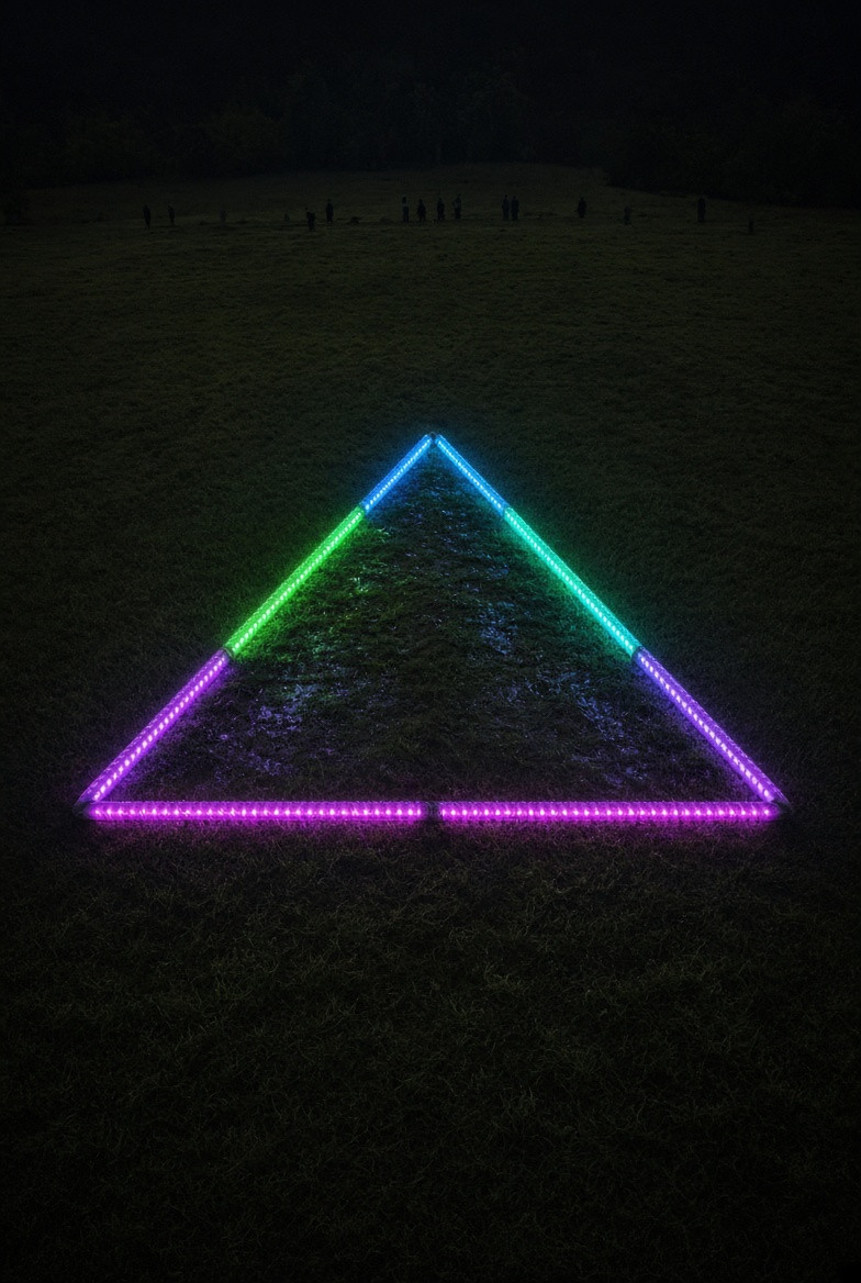 A physical rope-light triangle on grass